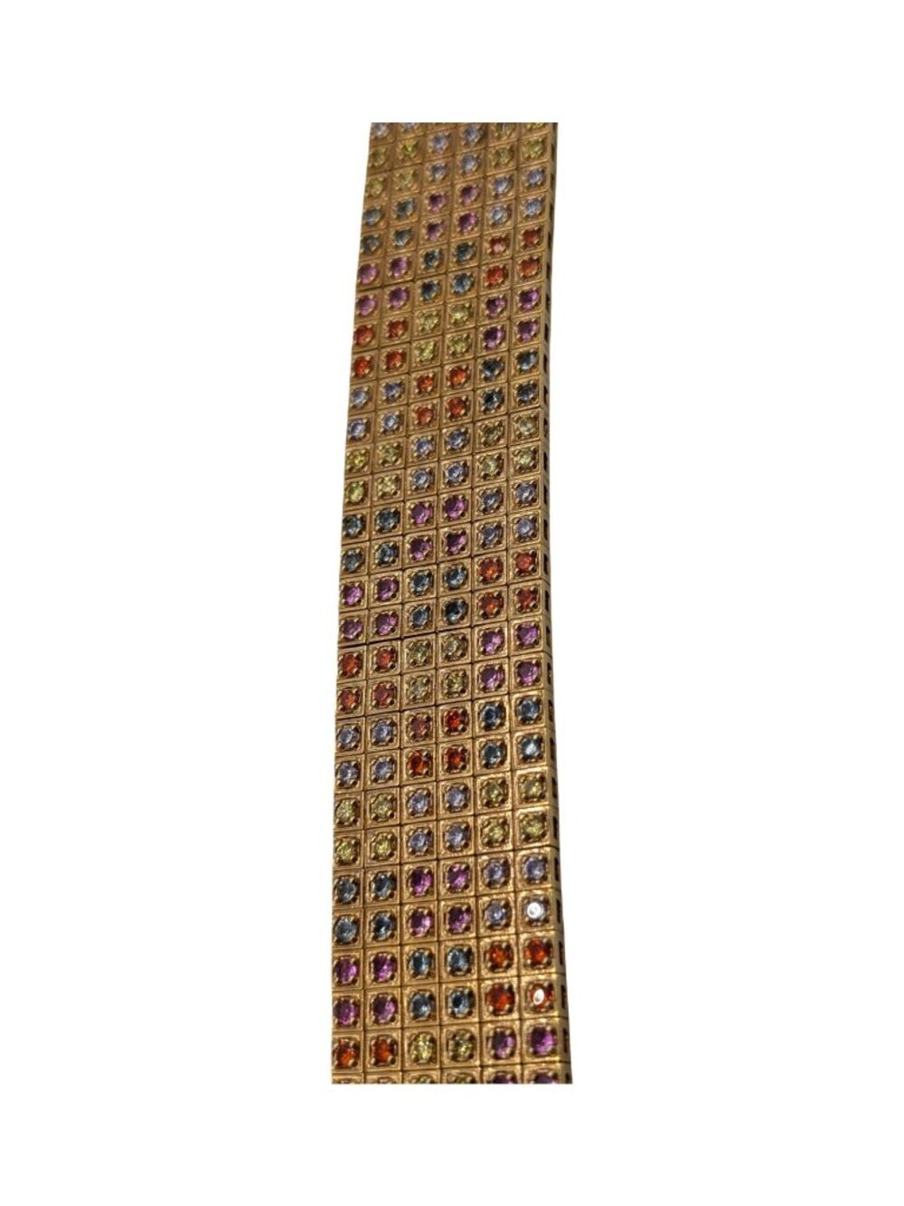 Gold-tone 1" wide, Multi-row Rainbow Rhinestone Bracelet 7" Flexible Elegant